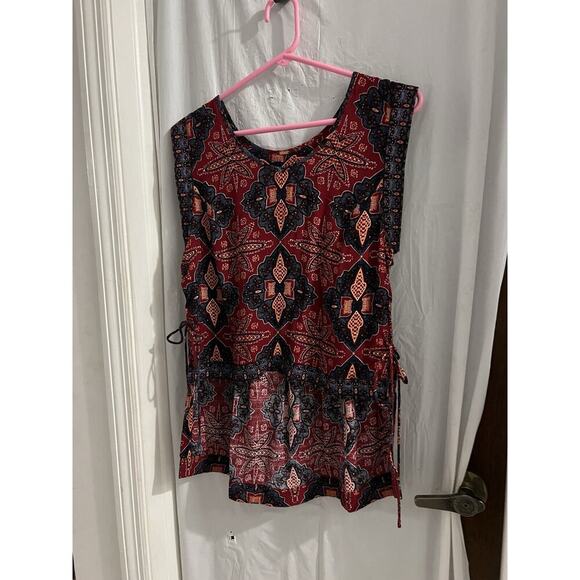Free People Blue Red Dalia Dream Paisley Side Tie Tank Top Sz S High Low Hem - Picture 2 of 5